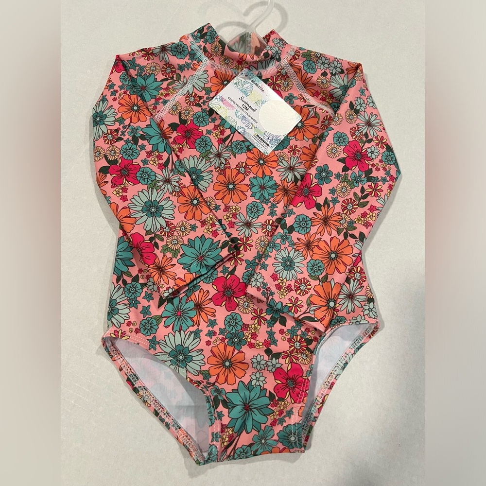 NWT Momentum Brands Size 12-Month Girl 1-Pc LS Swimsuit Colorful Floral Stretch